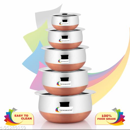 VIGNESHGENIX Stainless Steel Copper Bottom Serving Bowl Handy Set of 5 Piece with Lids ,Size: 1.500L, 1.100L, 0.800L, 0.600L, 0.400L