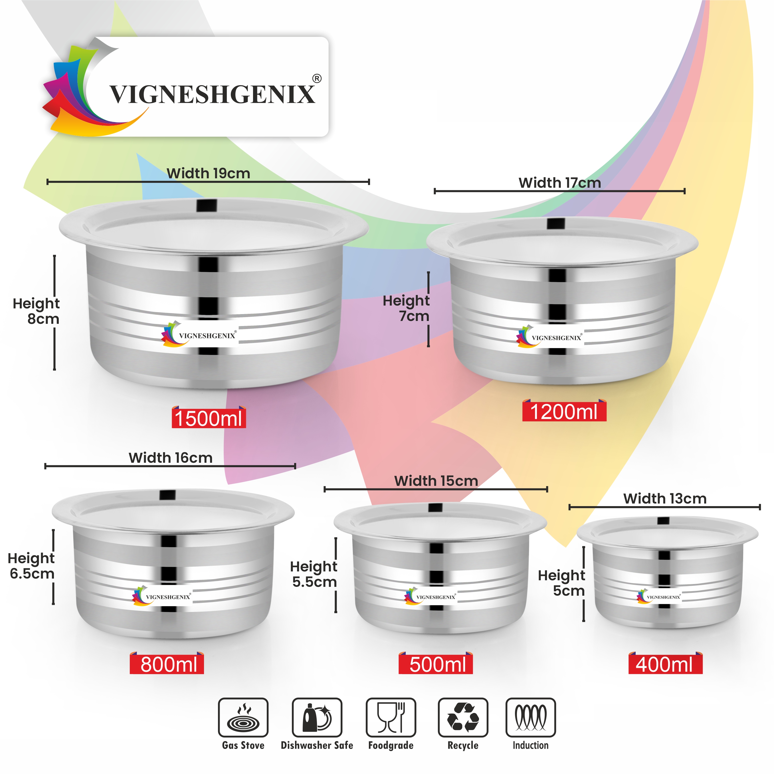 VIGNESHGENIX Cookware Set With Lids | Induction&Gas Stove Friendly Container Set | Boiling Vessels | Round Patila | Multipurpose Steel Bhagona
